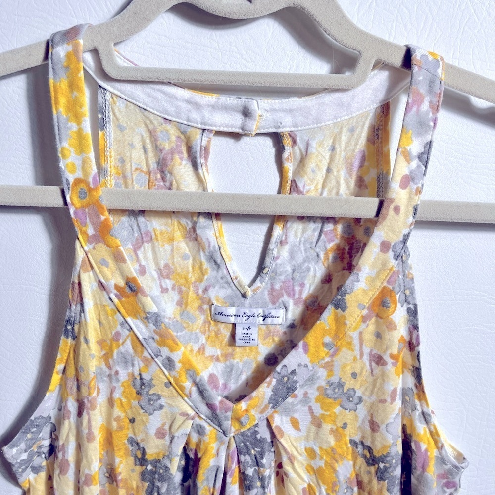 American Eagle Yellow and Gray Floral V Nevk Tank Top - Picture 3 of 10